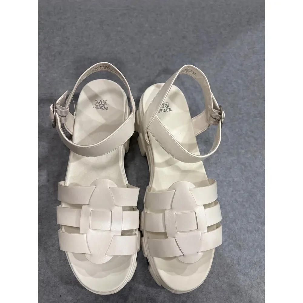Wild Fable Women Size 11 White Leather Strappy Gladiator Heeled Fisherman Sandal